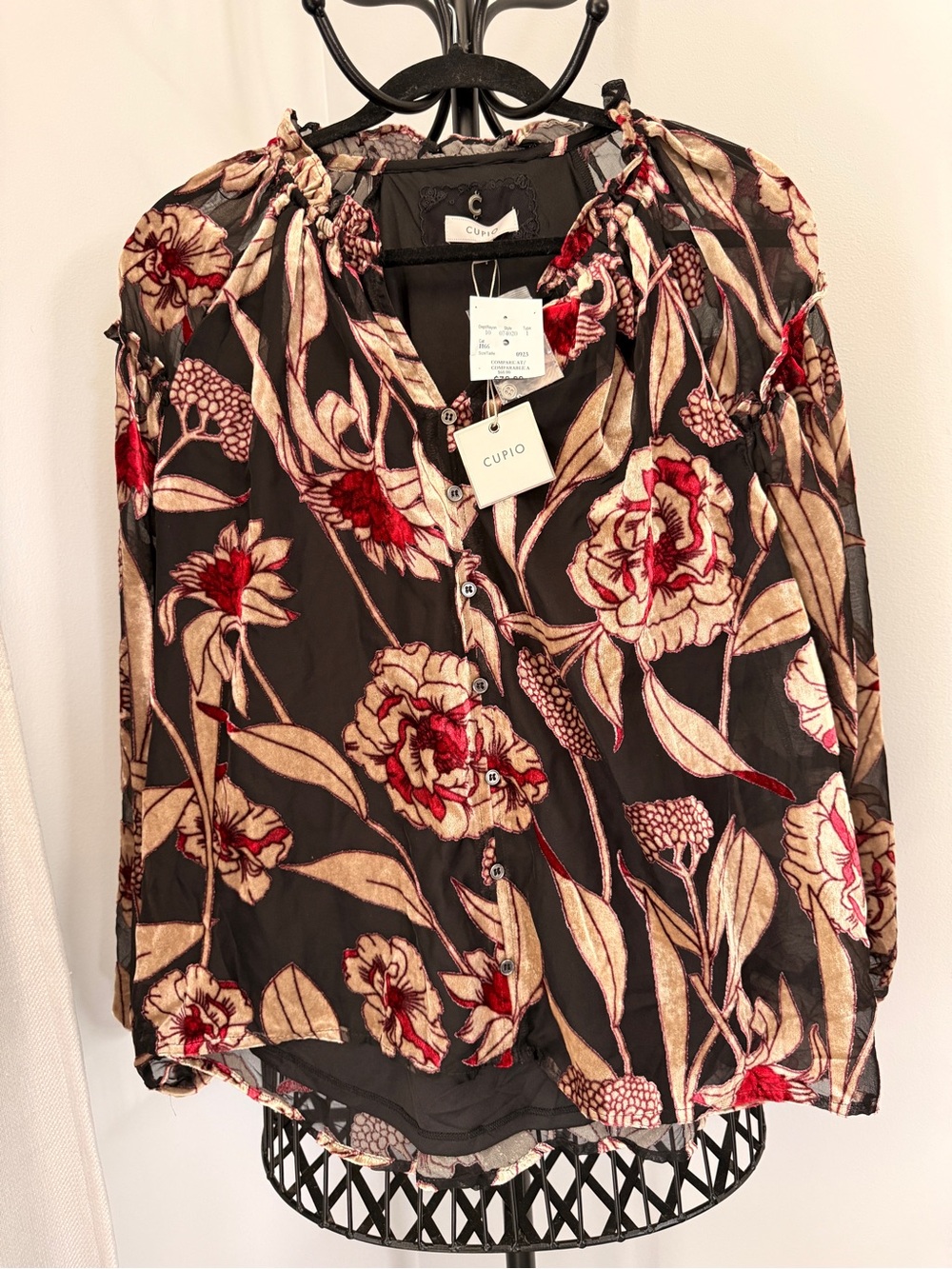 Cupio Black Floral Button-Down Blouse with Red and Cream Blooms
